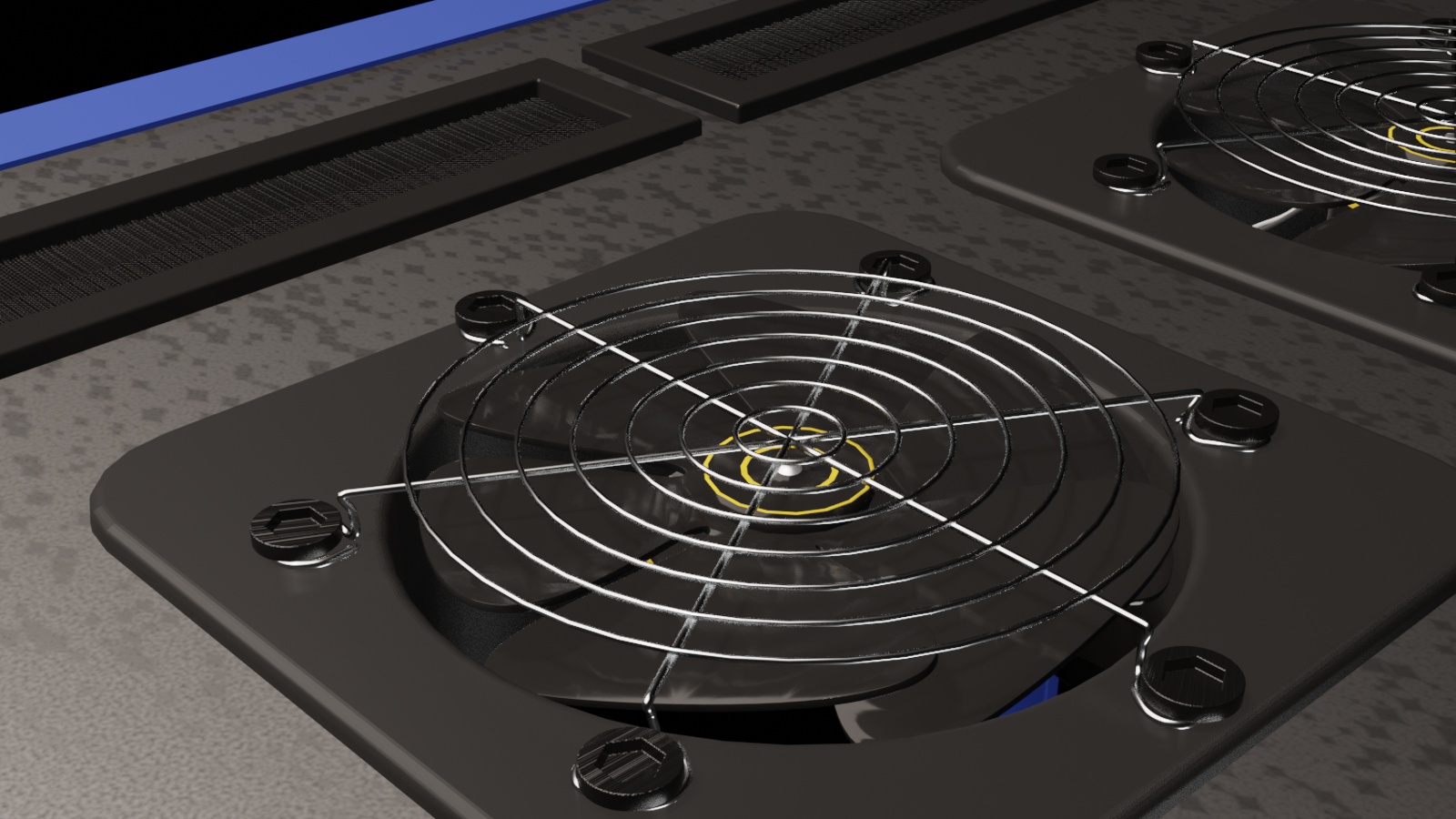 Detail 3D render of a cooling fan on the top of a server cabinet