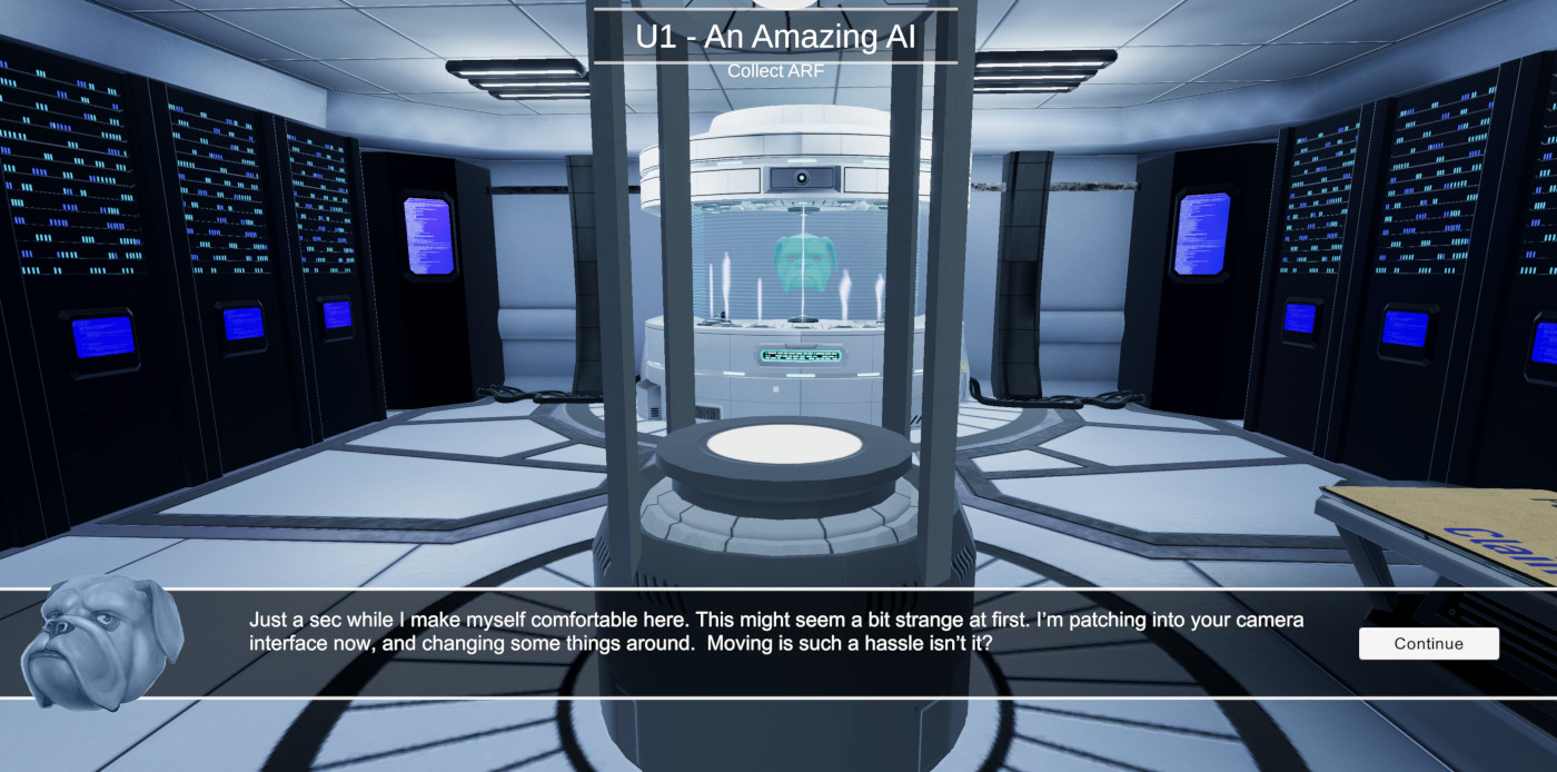 Stylized graphics show a futuristic room from first-person view, with the face of a dog speaking to the viewer from a glass holographic display tube in the center of the room.