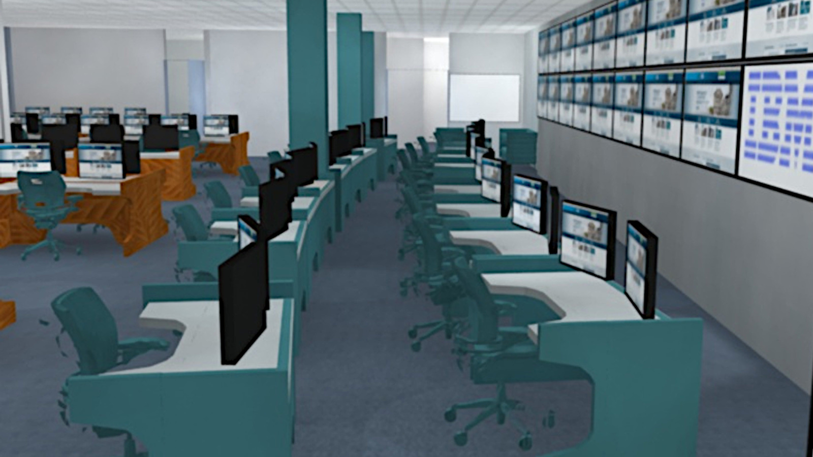 a large room containing many technical workstations, and on the right a wall with two long rows of flat panel displays