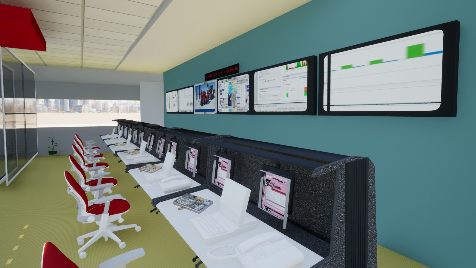 oblique view, from the right, of operator workstations with individual computer systems, in a row which also faces a number of larger wall-mounted screens for shared information