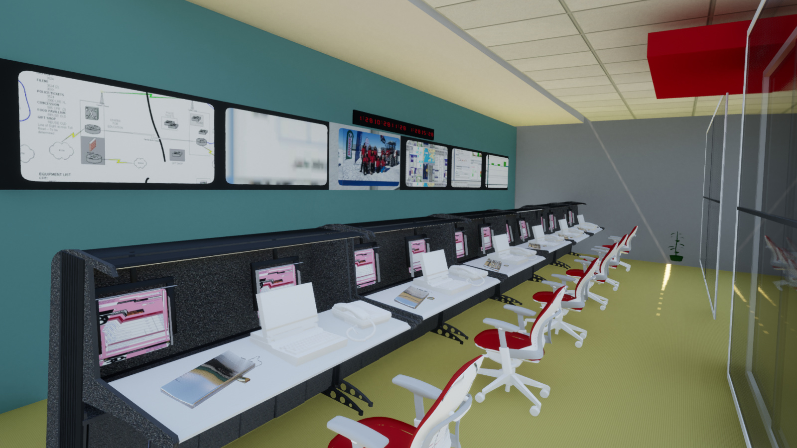 oblique view, from the left, of operator workstations with individual computer systems, in a row which also faces a number of larger wall-mounted screens for shared information