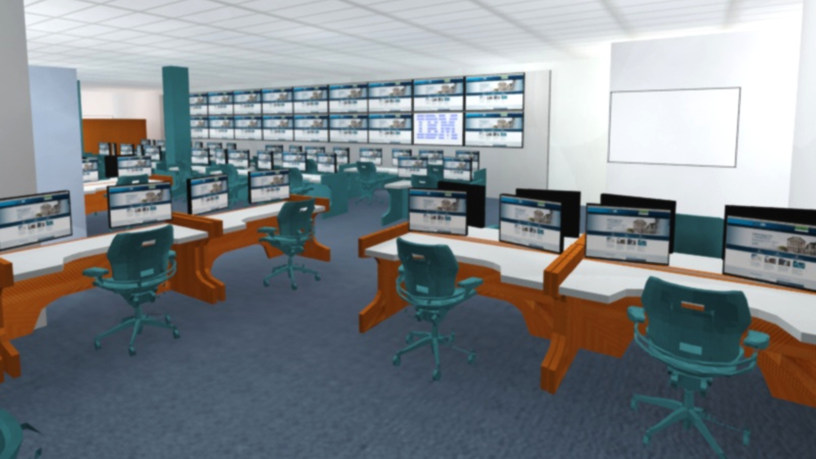 Multiple operator workstations are depicted in perspective within an open room with several rows of flat-panel displays mounted on the far wall.