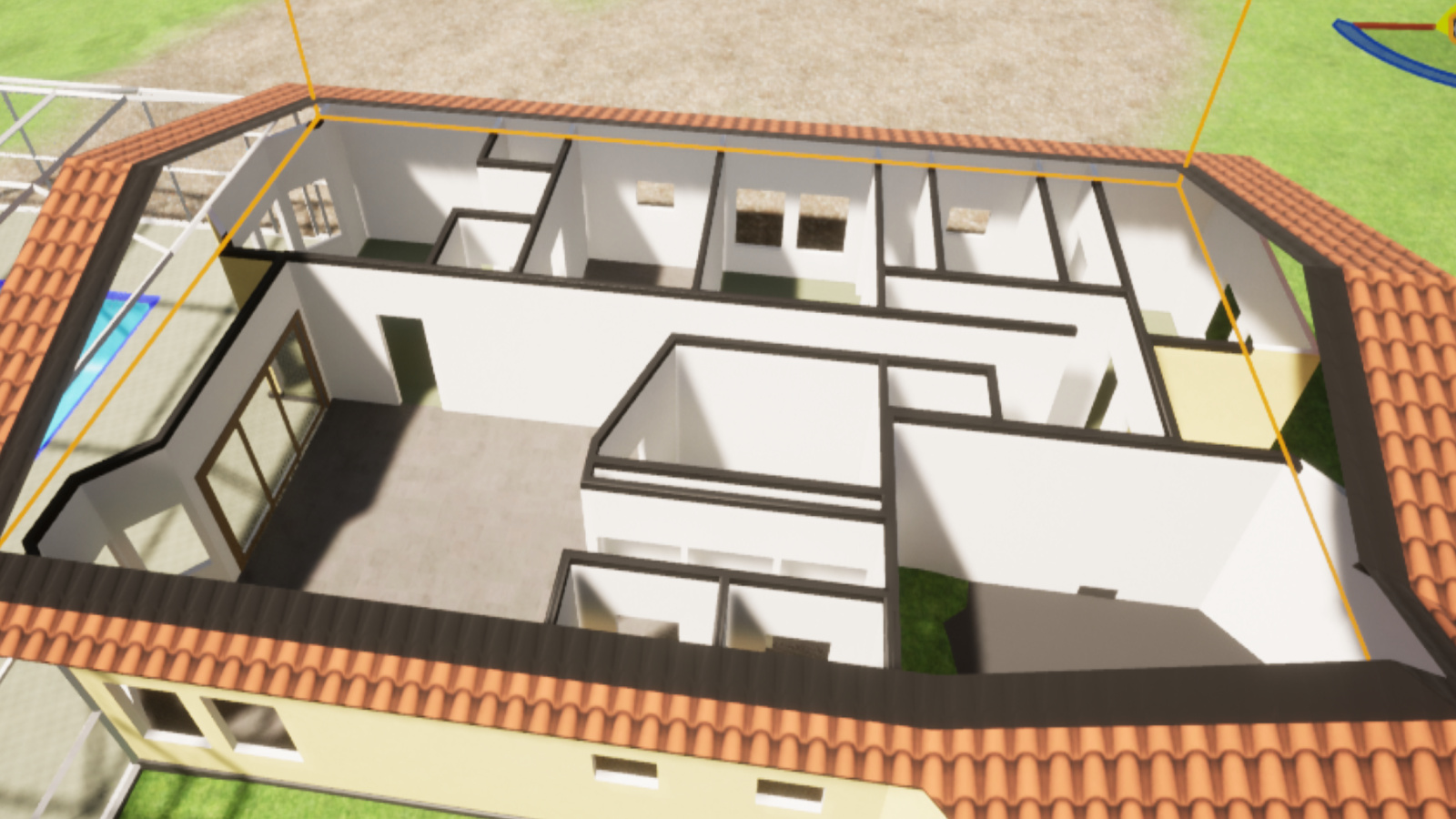 Perspective view from outside and a few meters above a medium-sized single family residence. The roof and ceiling are removed to show internal layout, and this is a simplified concept render rather than photorealistic.