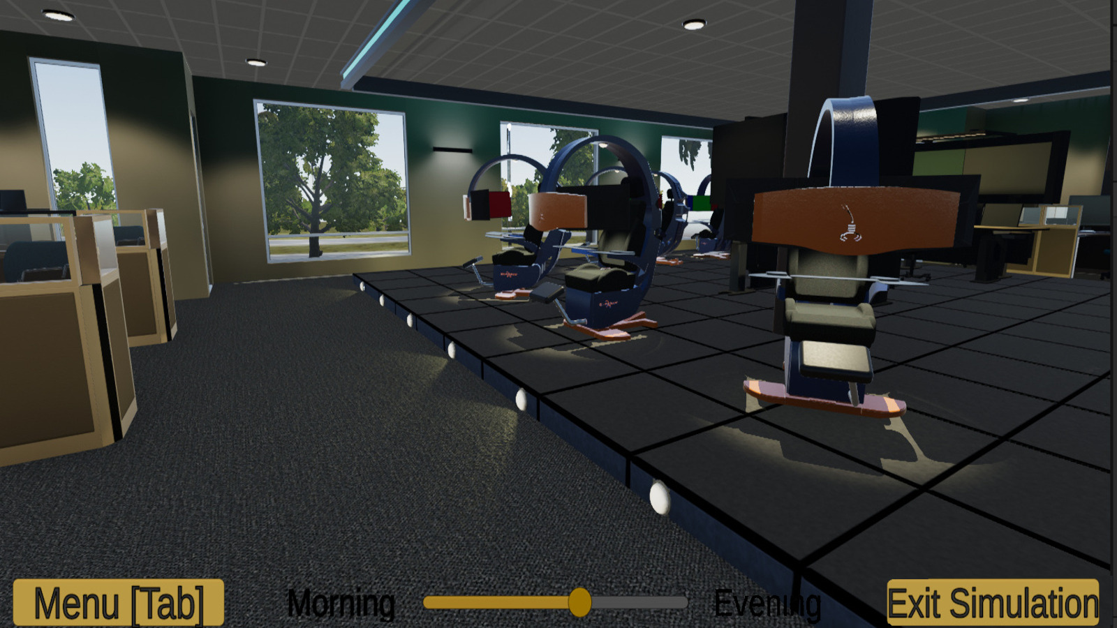 Screen capture from interactive 3D simulation of an advanced industrial control room. The image shows multiple high-tech workstations with a curving arch that emerges from the back of the seat and suspends several computer screens in view of the operator. On-screen widgets allow the user of the interactive app to set the time of day in order to accurately observe the incident sunlight in the room.