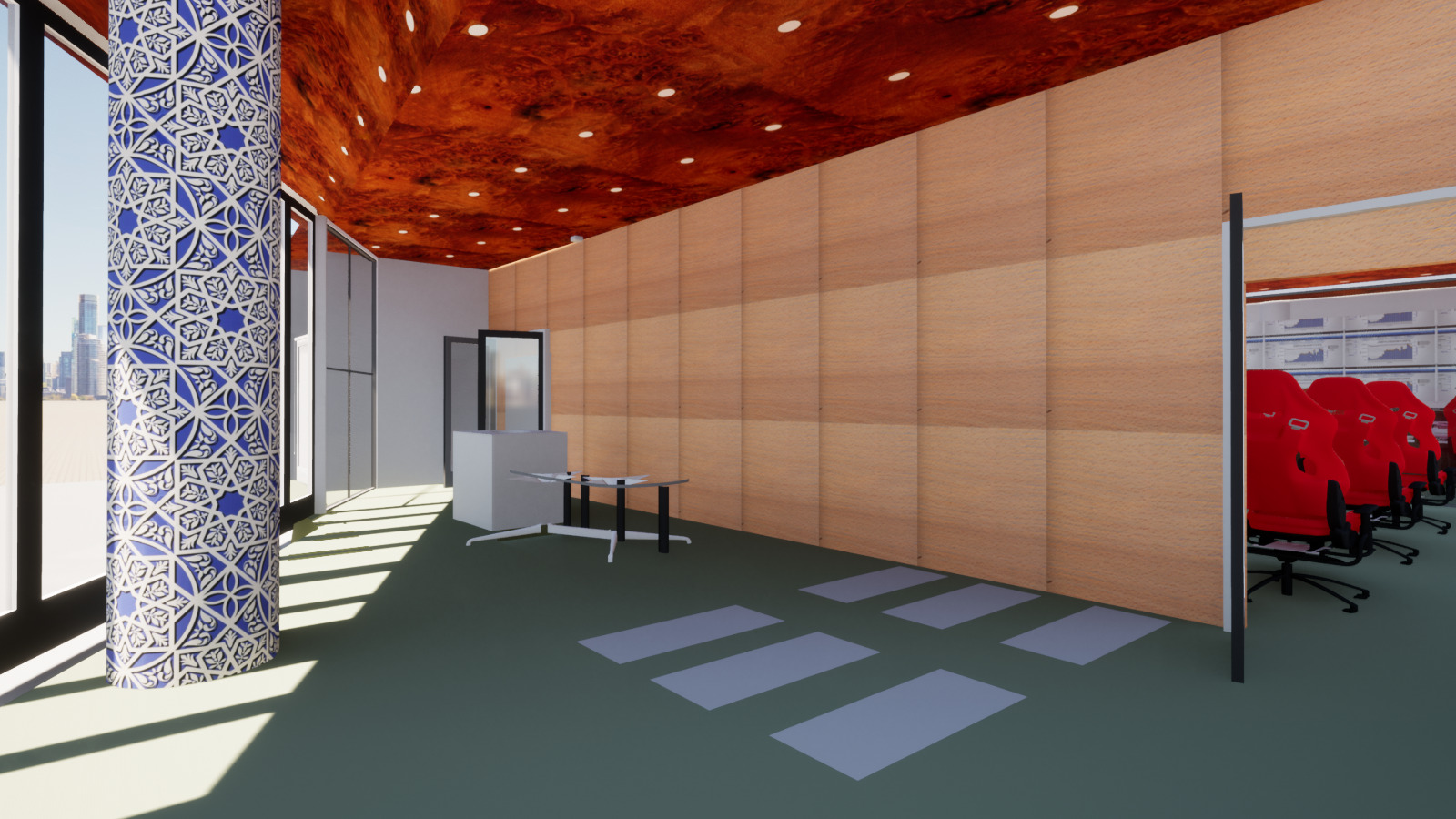 3D concept rendering of the lobby for a proposed network operations center for Dubai. From right foreground to distant center is a wall made from decorative panels with a doorway to the main facility. To the left, sunlight streams through a glass wall approximately along the line of sight. Round support columns along the near side of the glass wall are decorated in the style of traditional Islamic geometric art.
