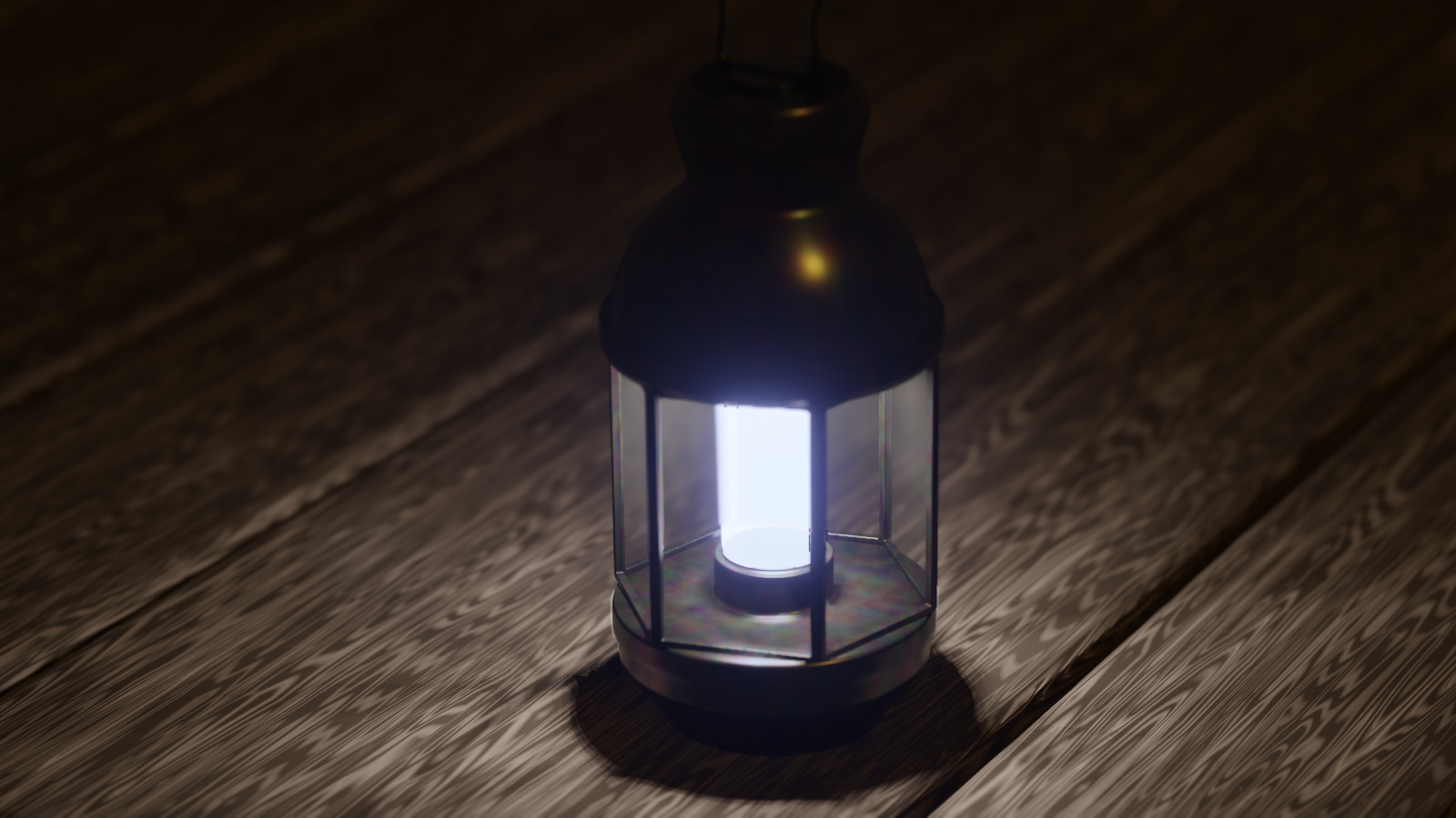 Modern fluorescent camp lantern made in the style of a traditional oil lantern. The lantern sheds its pale light on a rustic wood tabletop, of which only a little is visible.