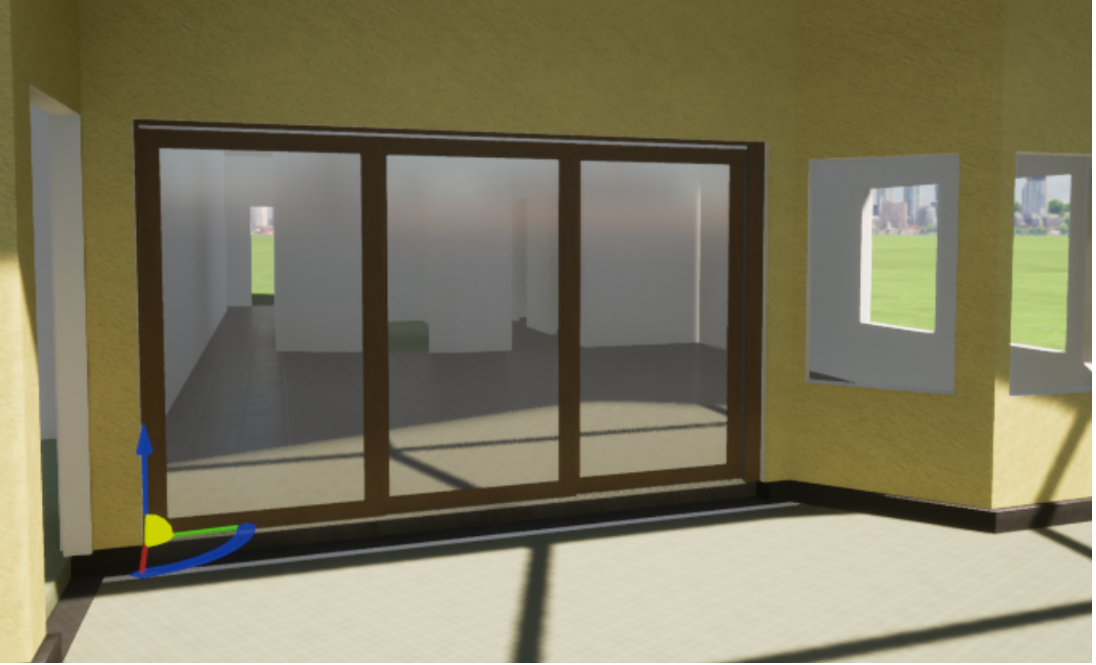 realistic static render of a three-panel sliding door giving entry to a single-family home