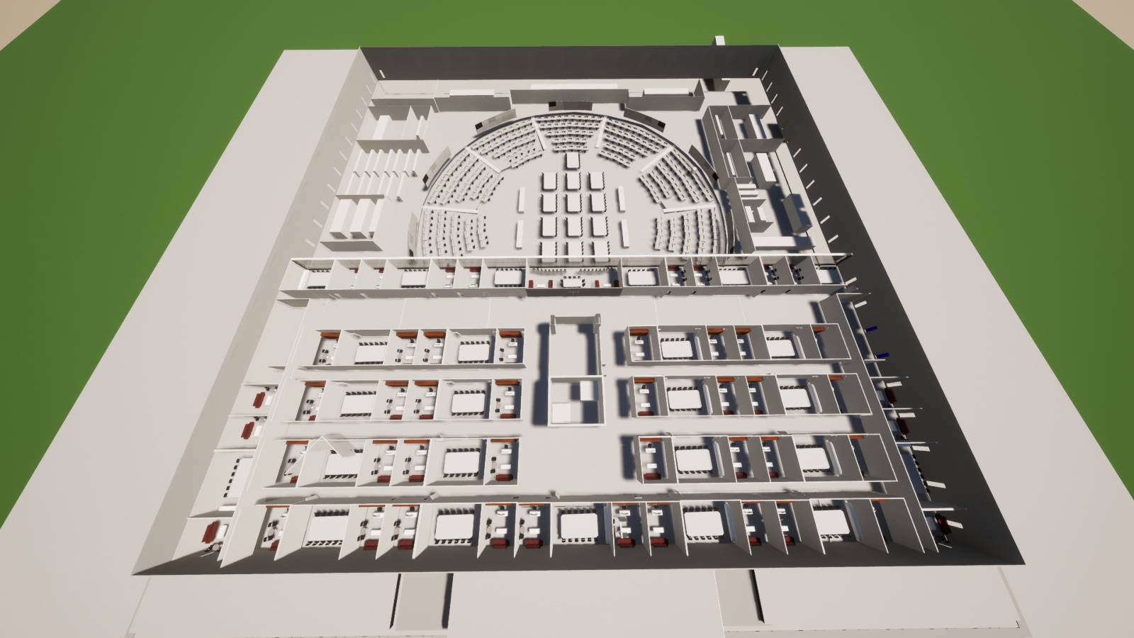 static view from a few meters above and outside a large command center, with the roof absent to reveal the architectural layout of the interior