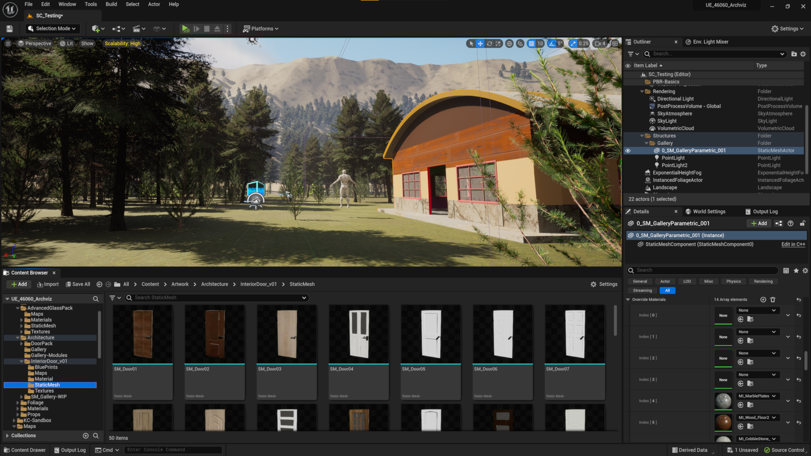 screenshot of Unreal Engine editing a scene with a round-roofed commercial structure in a woodland setting