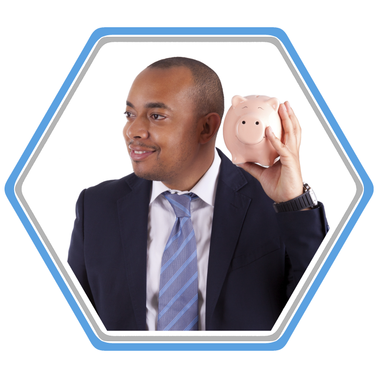 A man in business attire jingles coins in a piggy bank