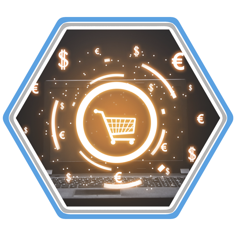 An icon of a shopping card surrounded by glowing currency and commerce symbols